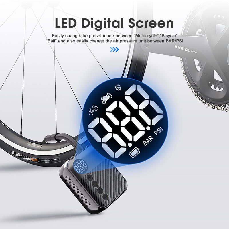 Close-up of LED screen showing modes for bike, motorcycle, and ball
