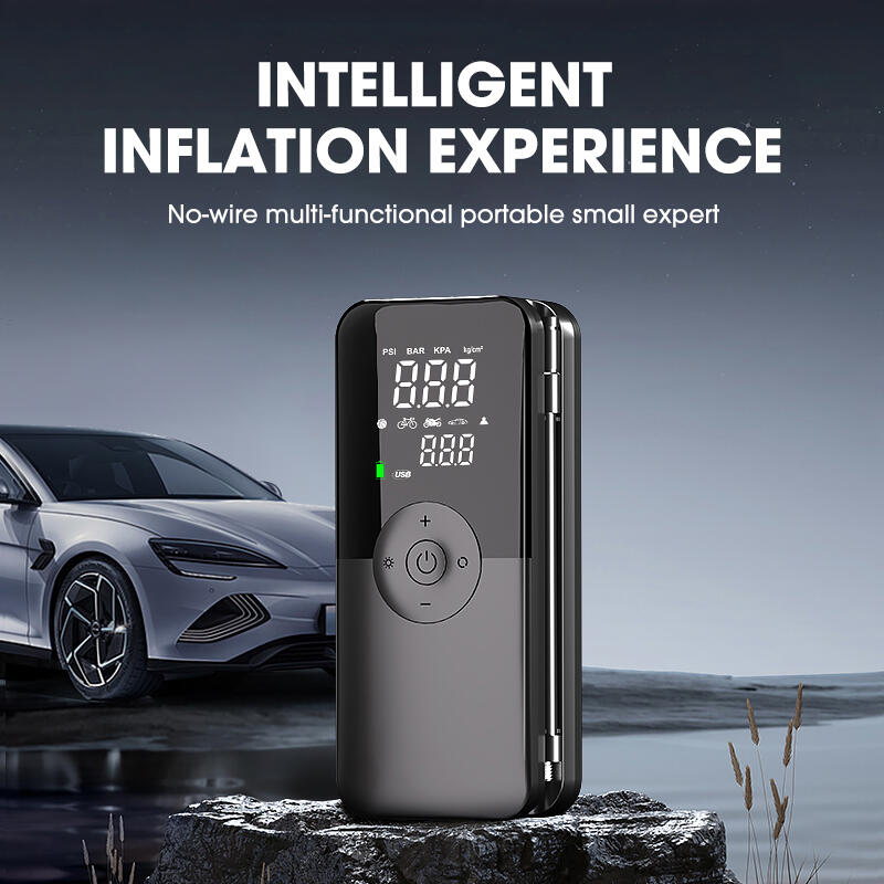 Compact cordless air pump with PSI/BAR digital screen for tires and sports gear
