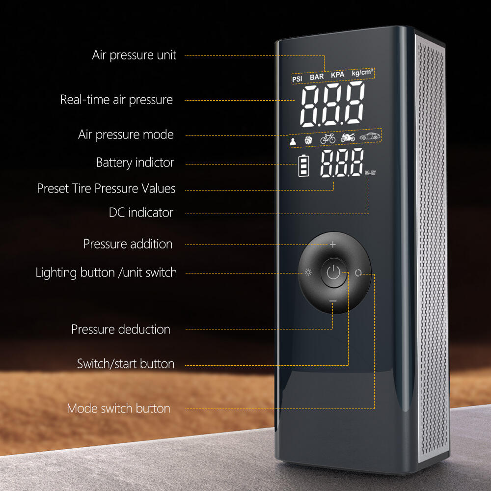 Mock-up showing the LEMATEC tire inflator with custom branding (logo, color, packaging) for OEM/ODM partners.